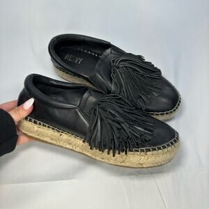 Renvy Espadrille Womens Shoes Size 8 Black Leather Fringe Espadrille Slip On
